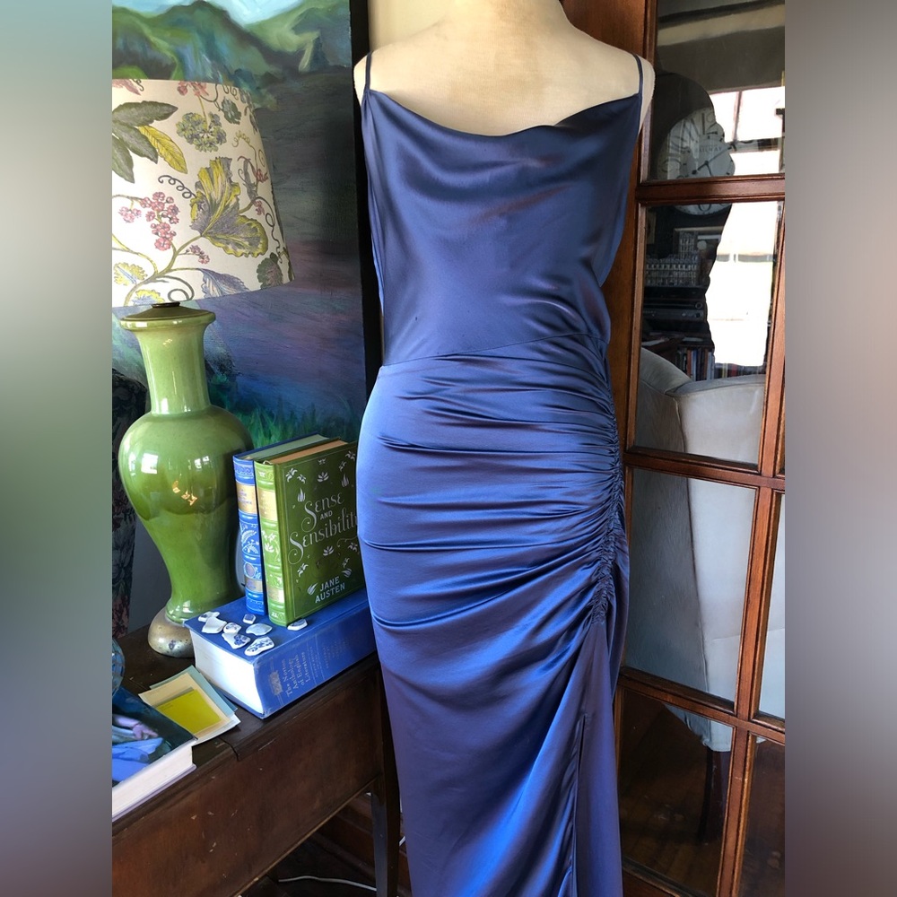 VERONICA BEARD Natasha Steel Blue Ruched Slip Dress - Picture 2 of 16